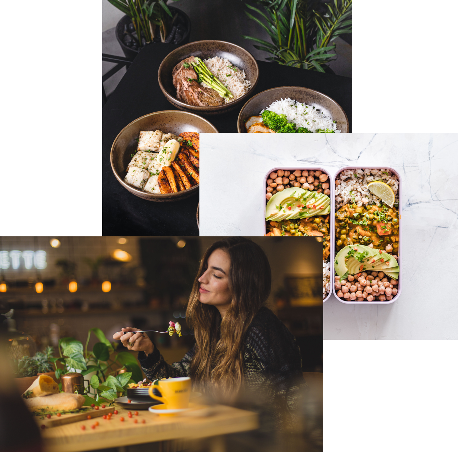 woman enjoying food, meals in storage container, and food bowl on a table